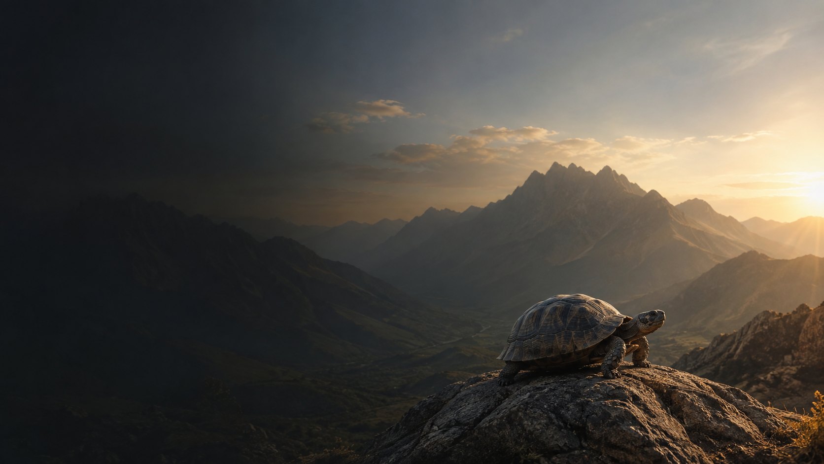 A tortoise on a rock above a mountain valley at sunrise