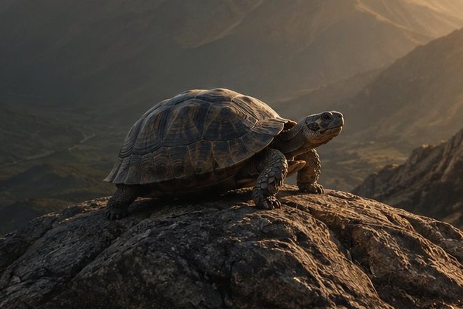 A tortoise on a rock in warm evening light
